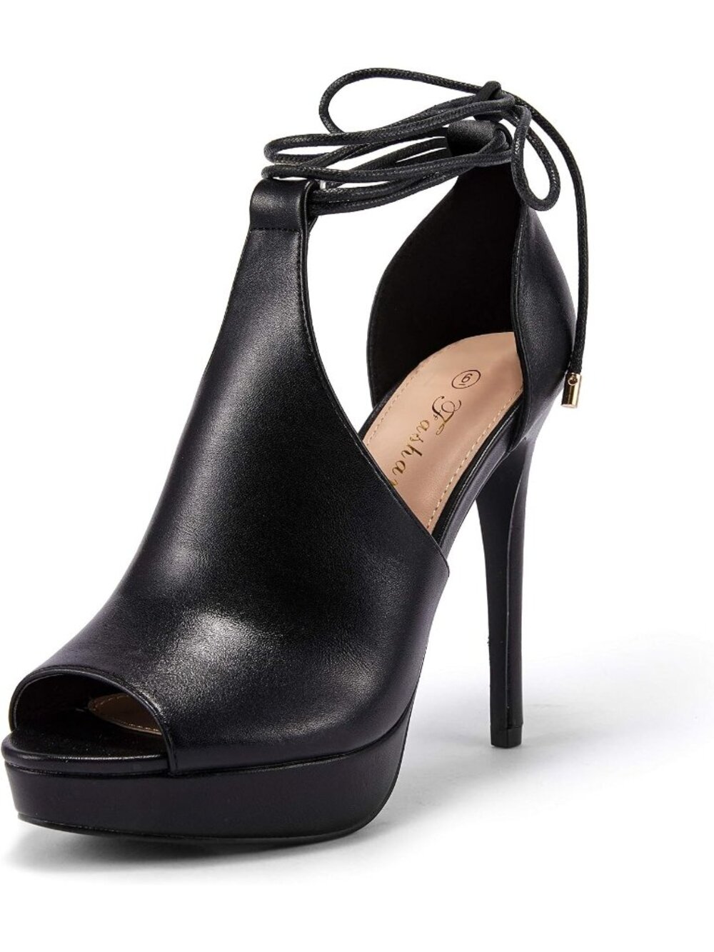 Women's Black Faux Leather Peep Toe Strappy Lace Up Tie Stilettos Dress Sandals